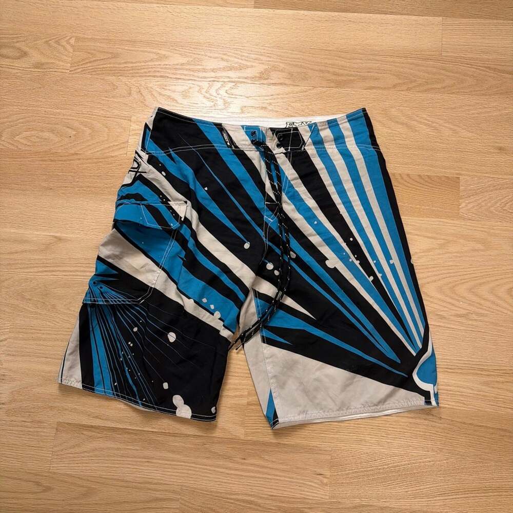 Fox Racing Board Shorts Blue Black White Size 33 Y2K Surf Swim Trunks